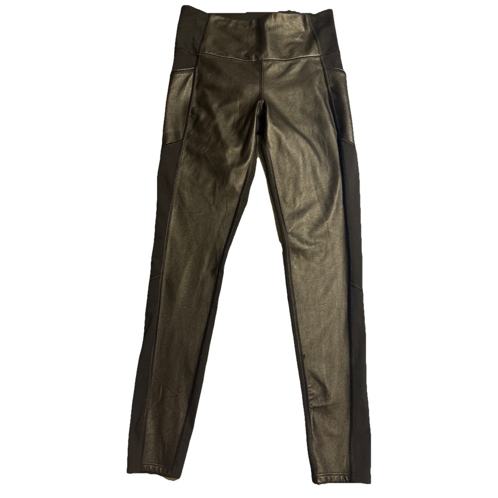 Athleta Leggings Women Black Very Good Faux Leather Mixed Media Pockets Small